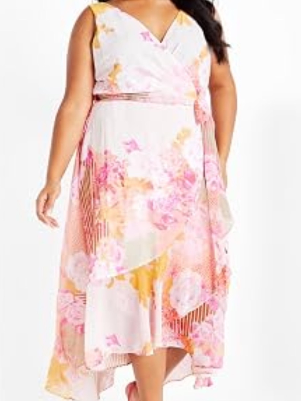 City Chic Women’s Size L/20 Floral Pink/Yellow Wrap Midi Dress V Neck Flowy NWT